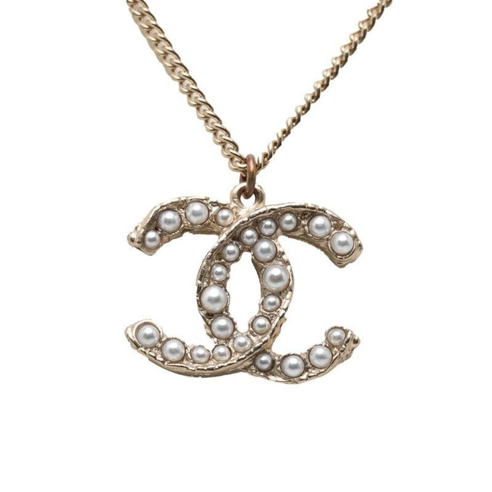 Chanel CC Logo Necklace A12A Gold Plated Faux Pearl
